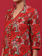 Red Floral Print A-Line Kurta - Elganza
