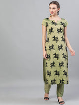 Green Floral Print Kurta With Pant - Elganza