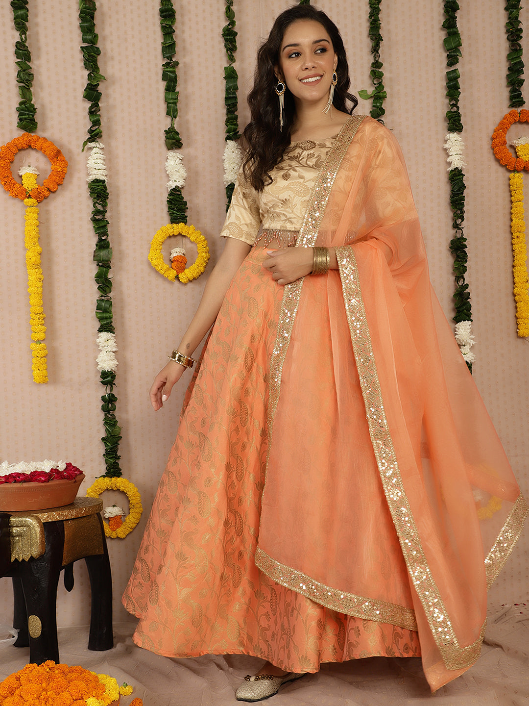 Peach Jacquard Lehenga Choli With Dupatta