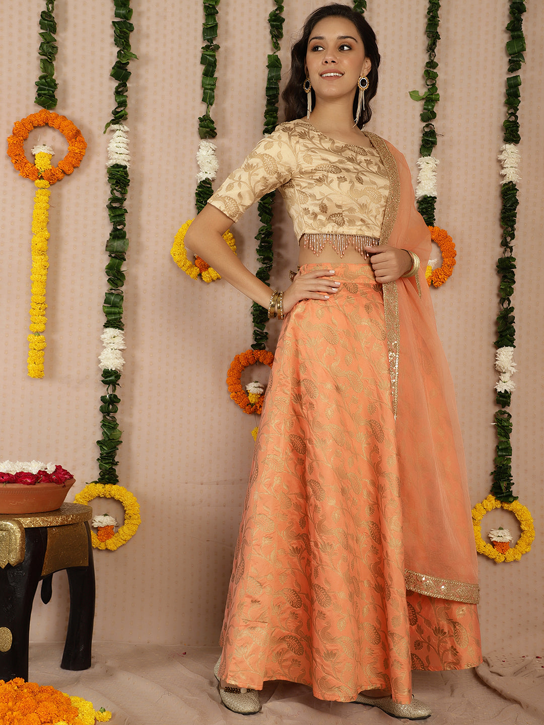 Peach Jacquard Lehenga Choli With Dupatta