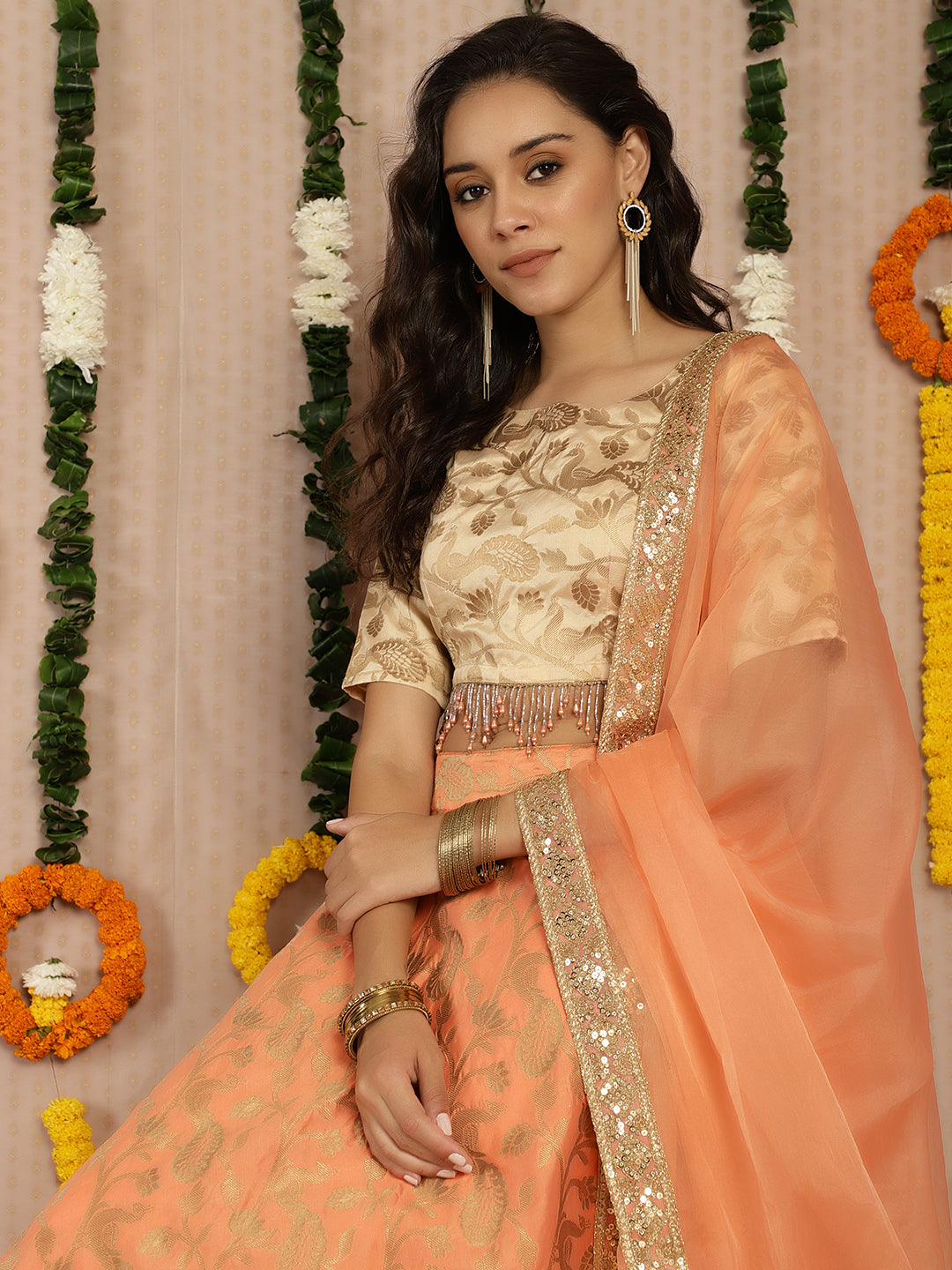 Peach Jacquard Lehenga Choli With Dupatta