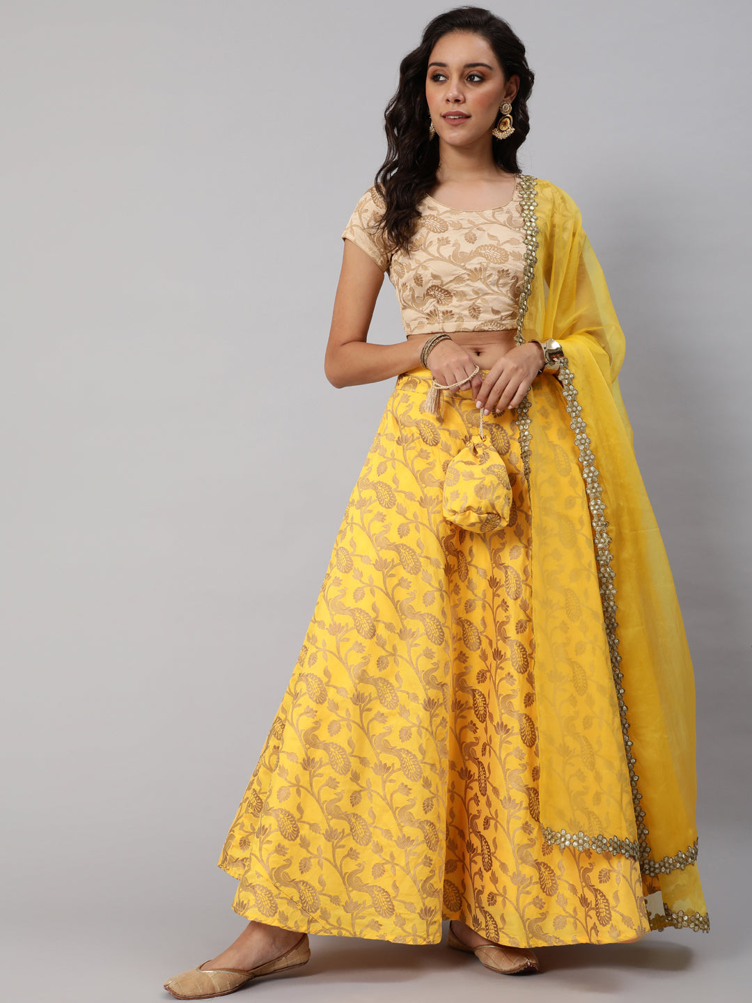 Yellow Lehenga Choli with Dupatta & Potli Bag - Elganza