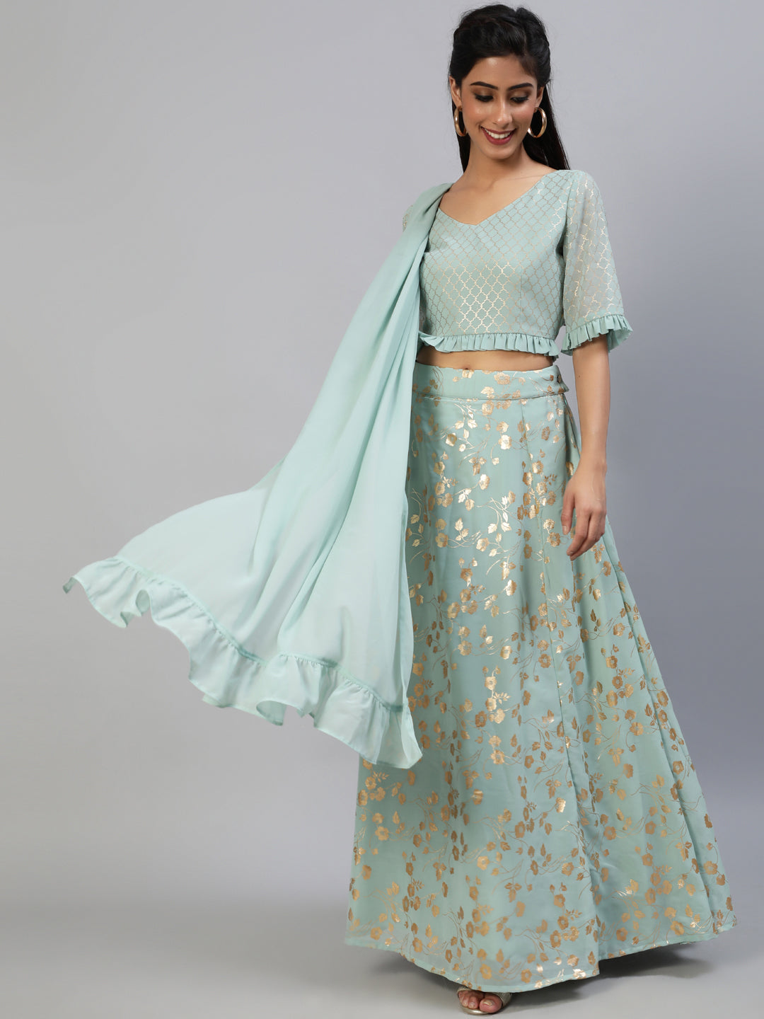 Sea Green Foil Print Lehenga Choli With Dupatta - Elganza