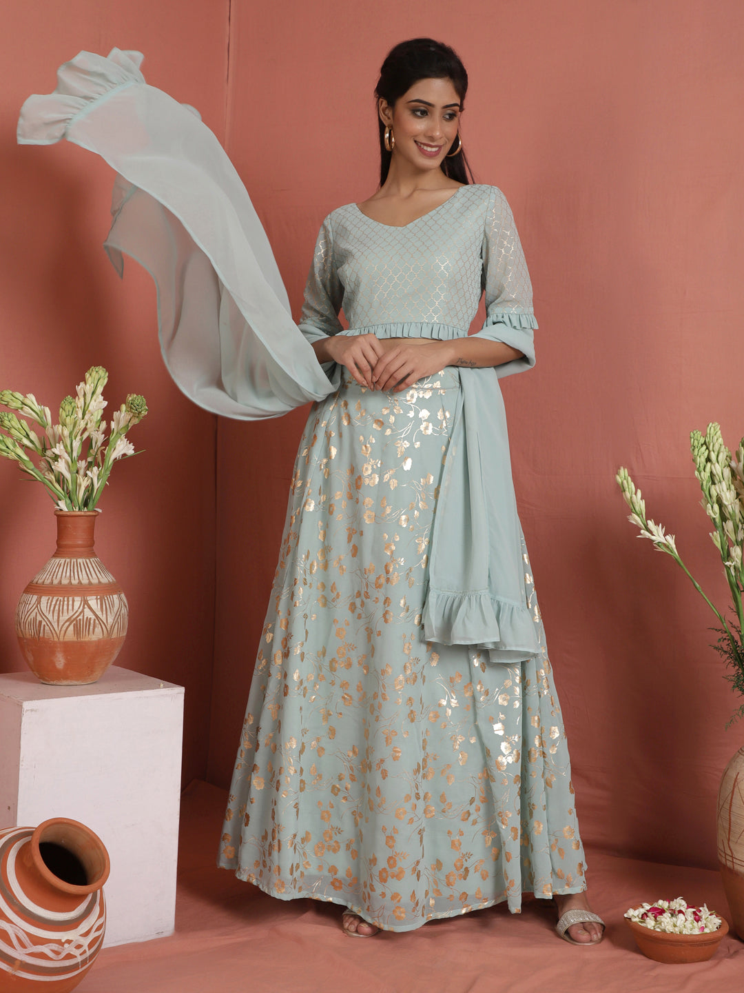 Sea Green Foil Print Lehenga Choli With Dupatta - Elganza