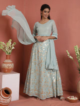 Sea Green Foil Print Lehenga Choli With Dupatta - Elganza