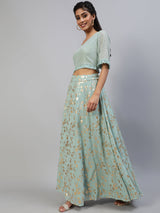 Sea Green Foil Print Lehenga Choli With Dupatta - Elganza