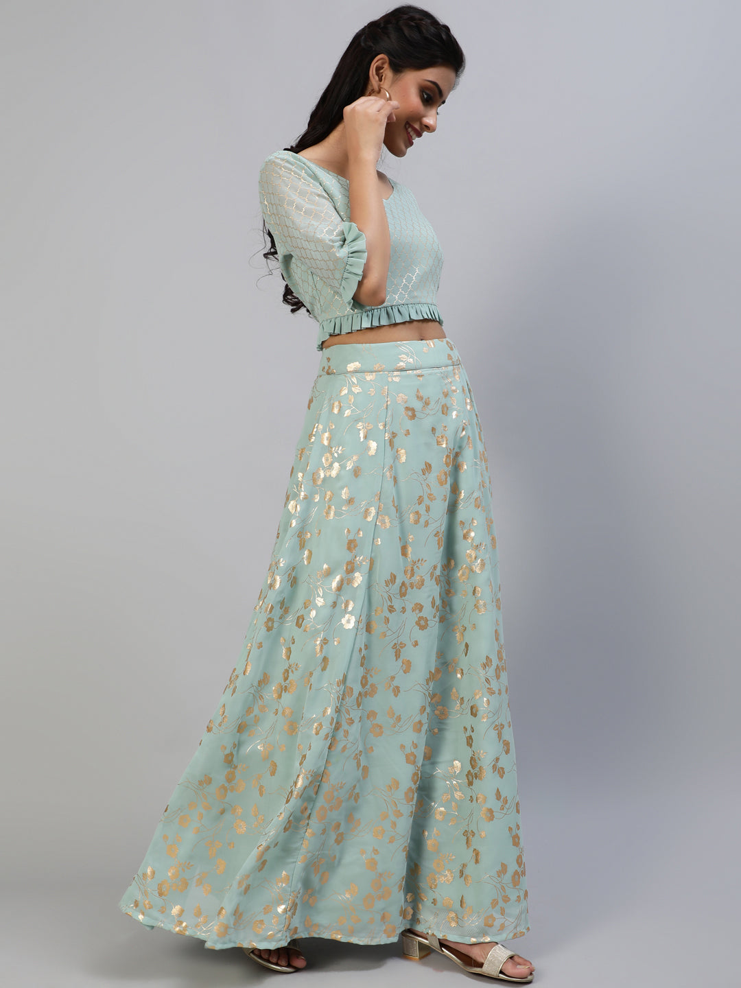 Sea Green Foil Print Lehenga Choli With Dupatta - Elganza