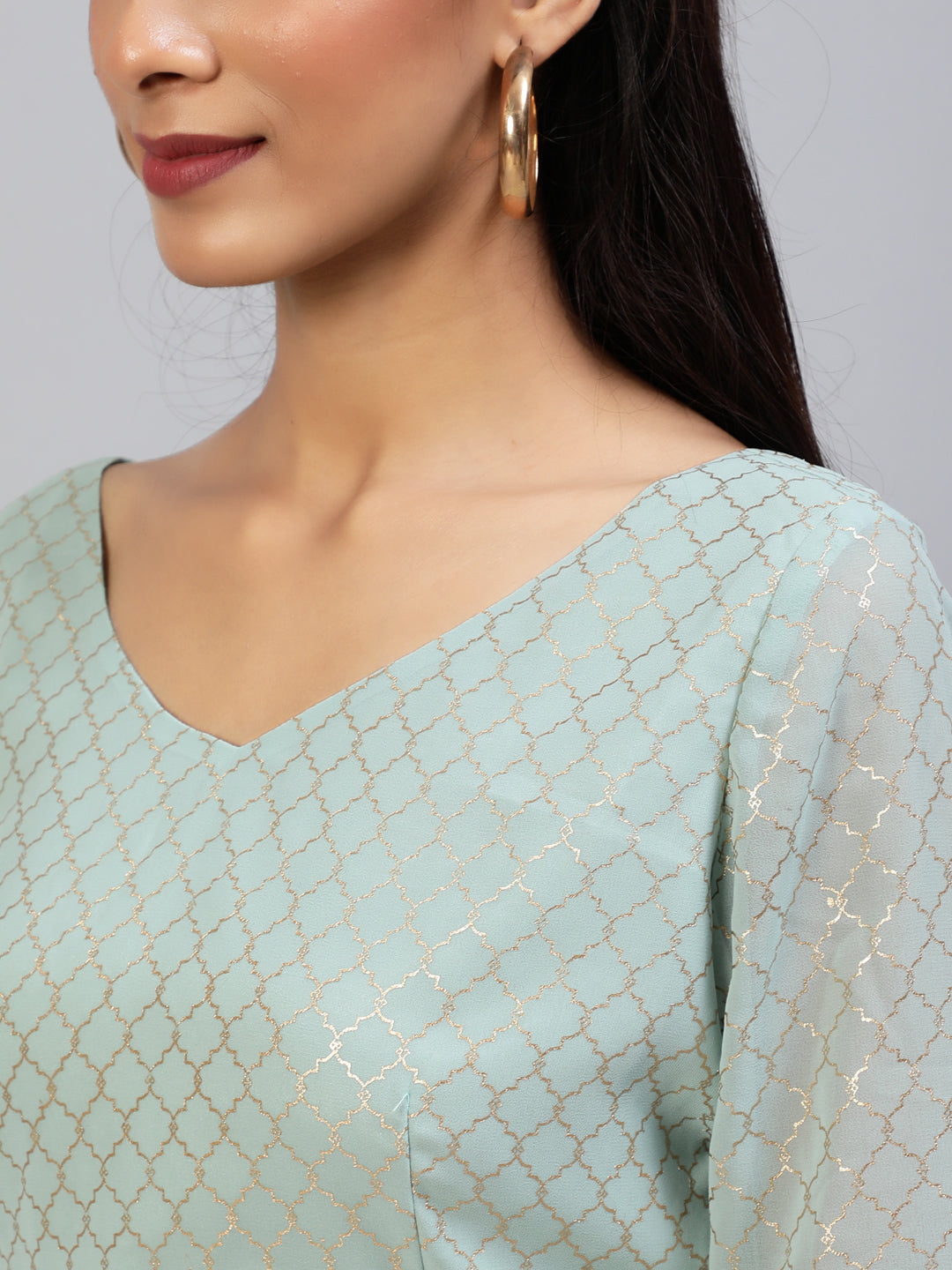 Sea Green Foil Print Lehenga Choli With Dupatta - Elganza