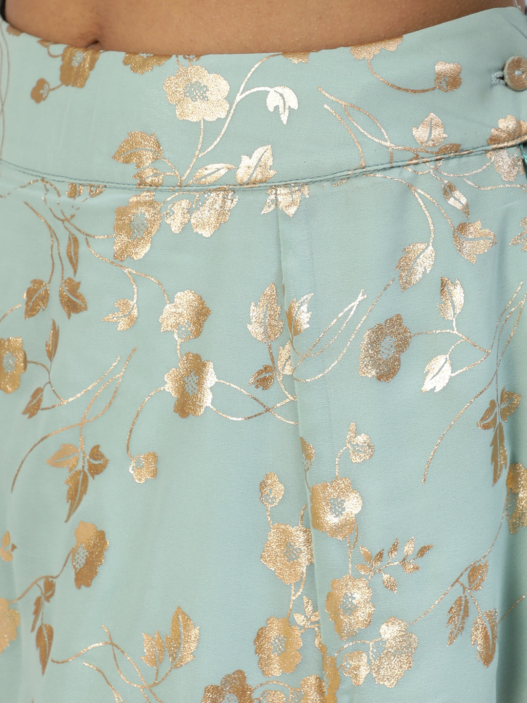 Sea Green Foil Print Lehenga Choli With Dupatta - Elganza