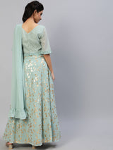 Sea Green Foil Print Lehenga Choli With Dupatta - Elganza