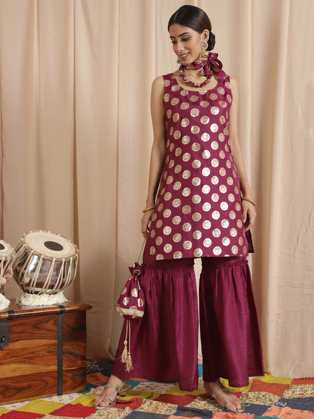 Purple Foil Print Kurta Sharara With Potli Bag & Necklace - Elganza