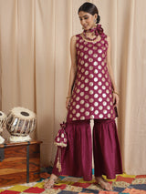Purple Foil Print Kurta Sharara With Potli Bag & Necklace - Elganza