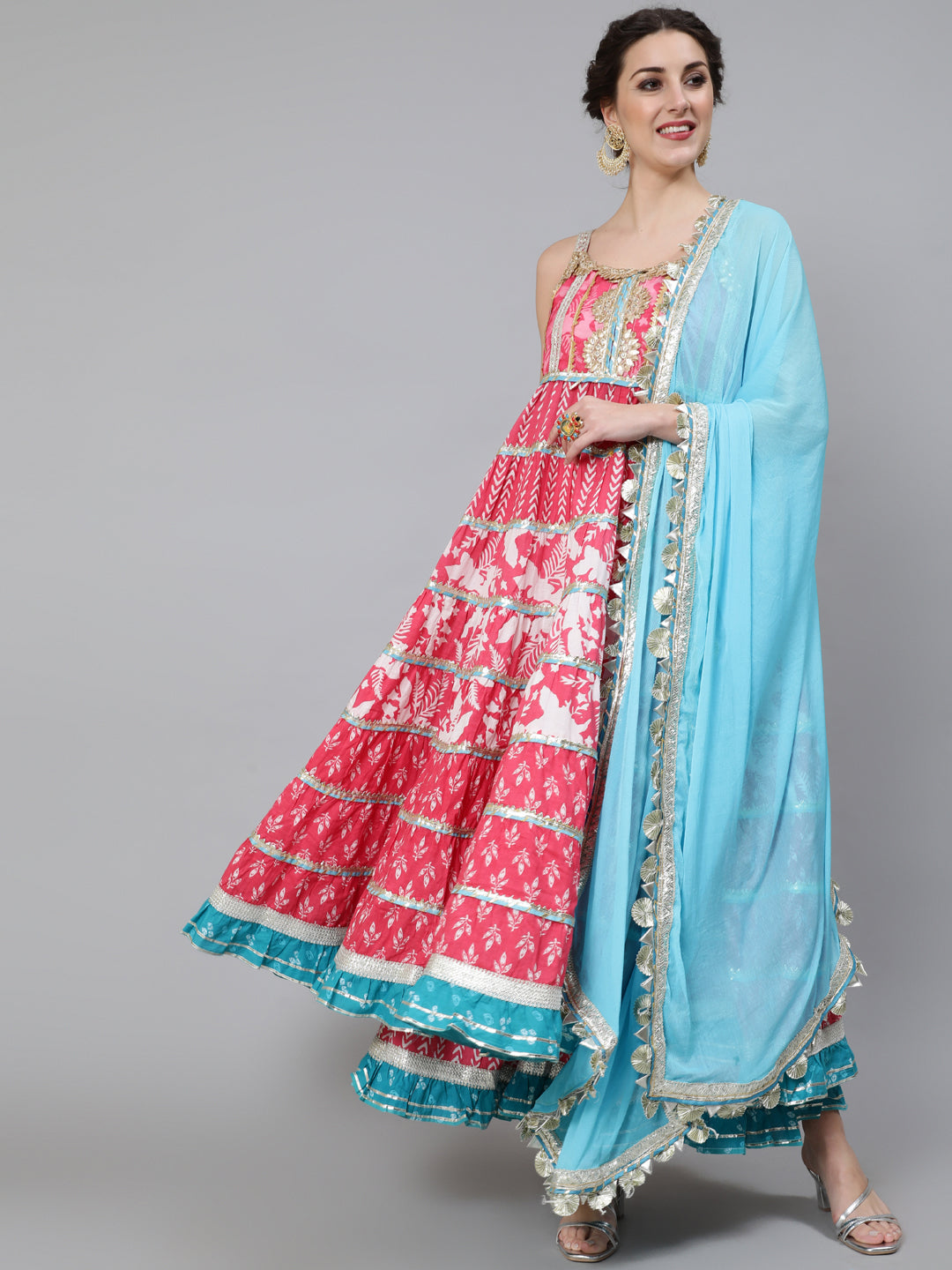 Pink Printed Anarkali Sharara With Dupatta - Elganza