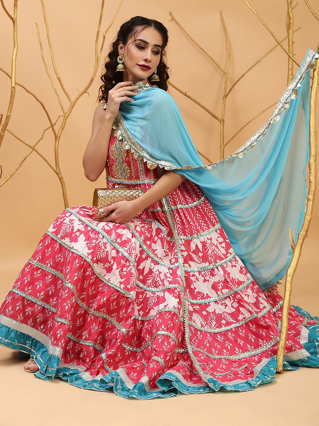 Pink Printed Anarkali Sharara With Dupatta - Elganza
