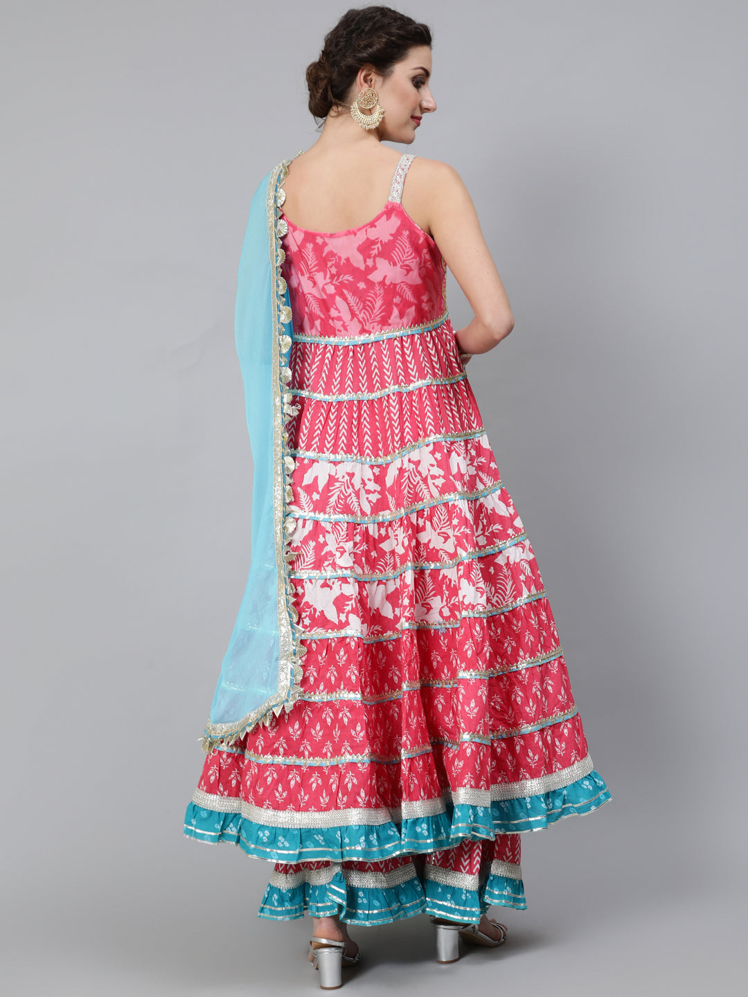 Pink Printed Anarkali Sharara With Dupatta - Elganza