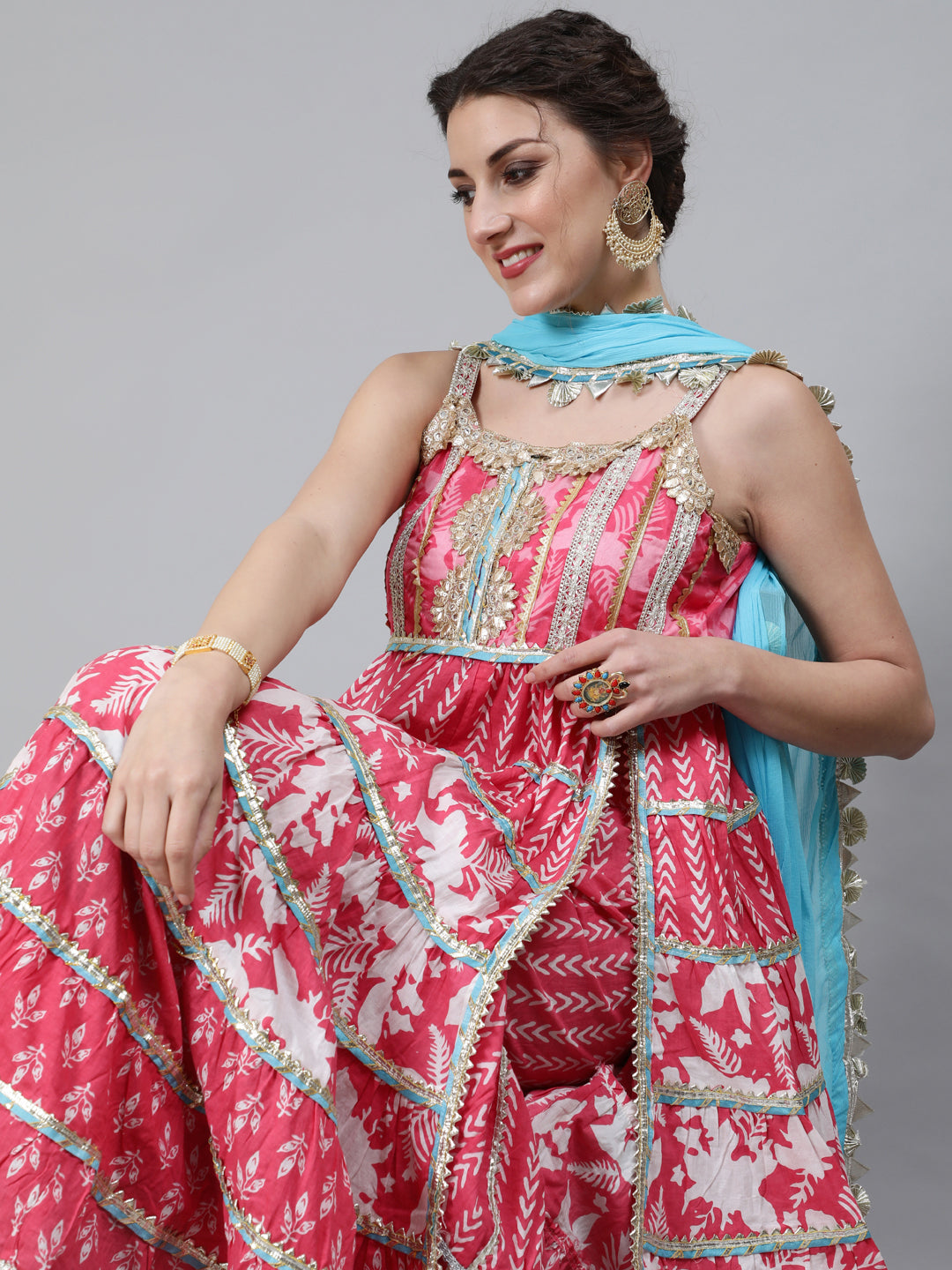 Pink Printed Anarkali Sharara With Dupatta - Elganza