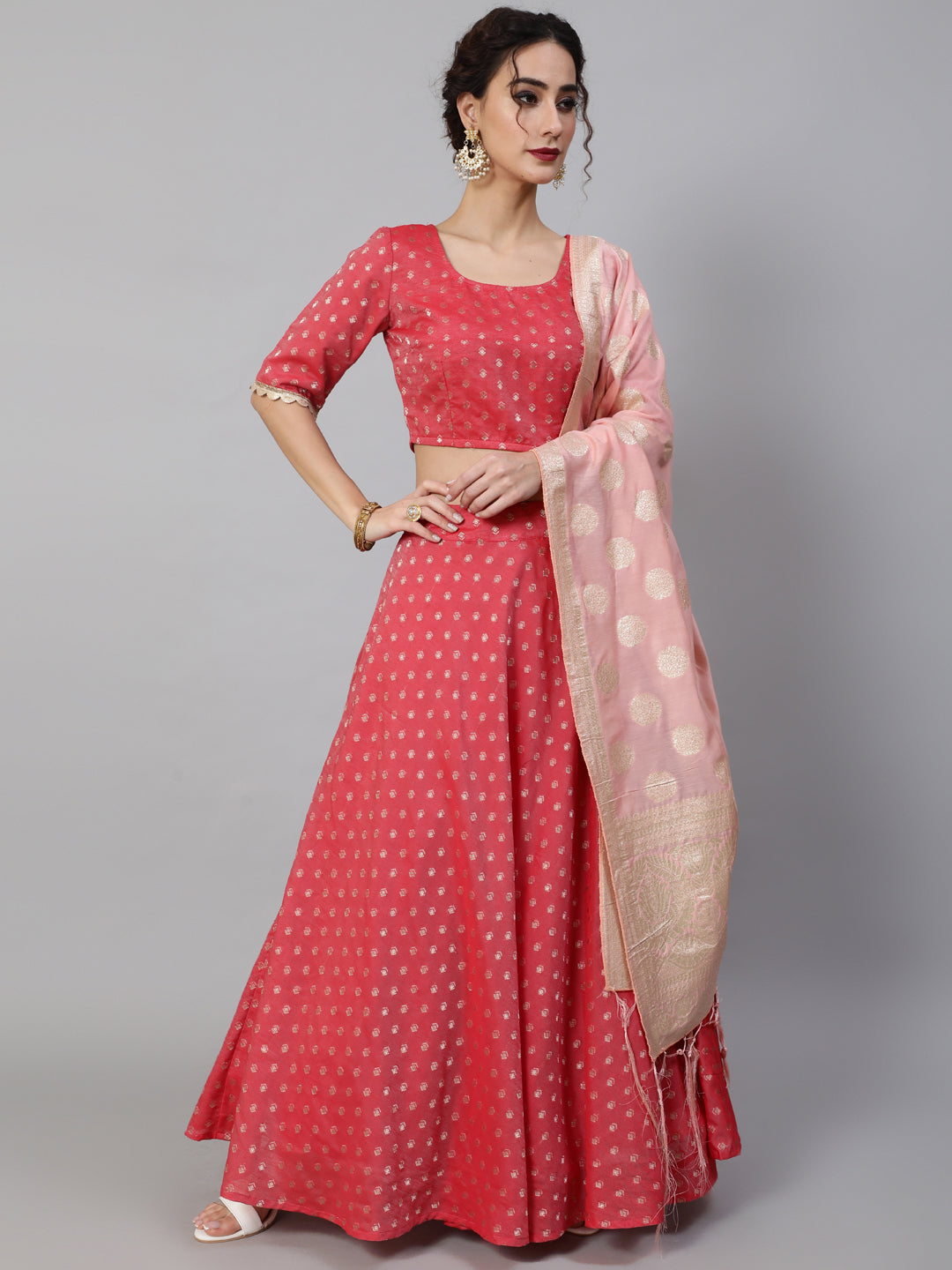 Red Dobby Designed Lehenga Choli With Dupatta - Elganza