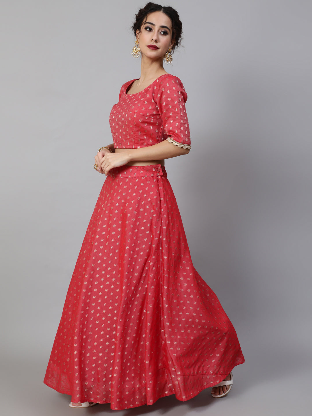 Red Dobby Designed Lehenga Choli With Dupatta - Elganza