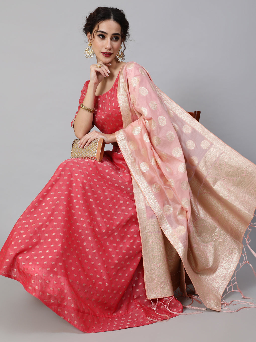 Red Dobby Designed Lehenga Choli With Dupatta - Elganza
