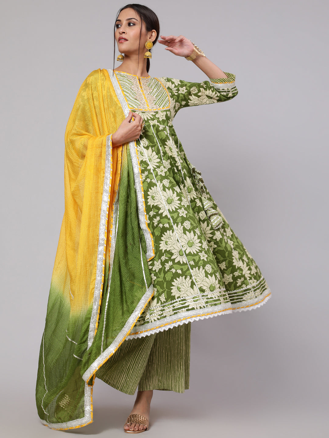 Green Floral Print Anarkali Palazzo With Dupatta - Elganza