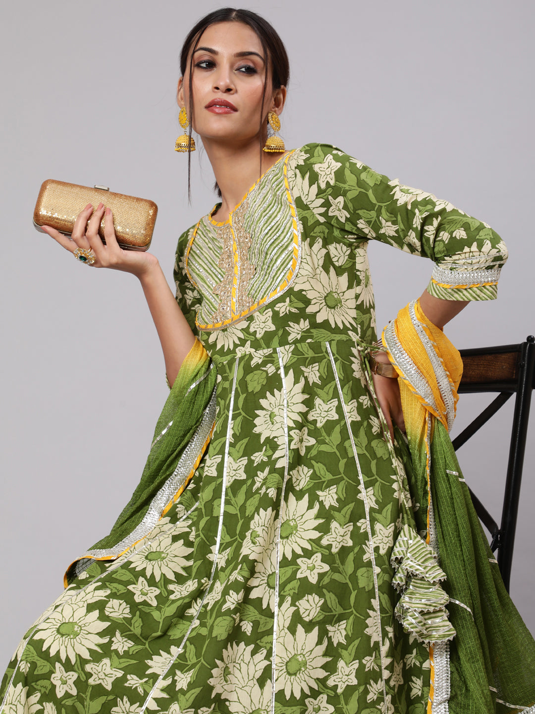 Green Floral Print Anarkali Palazzo With Dupatta - Elganza