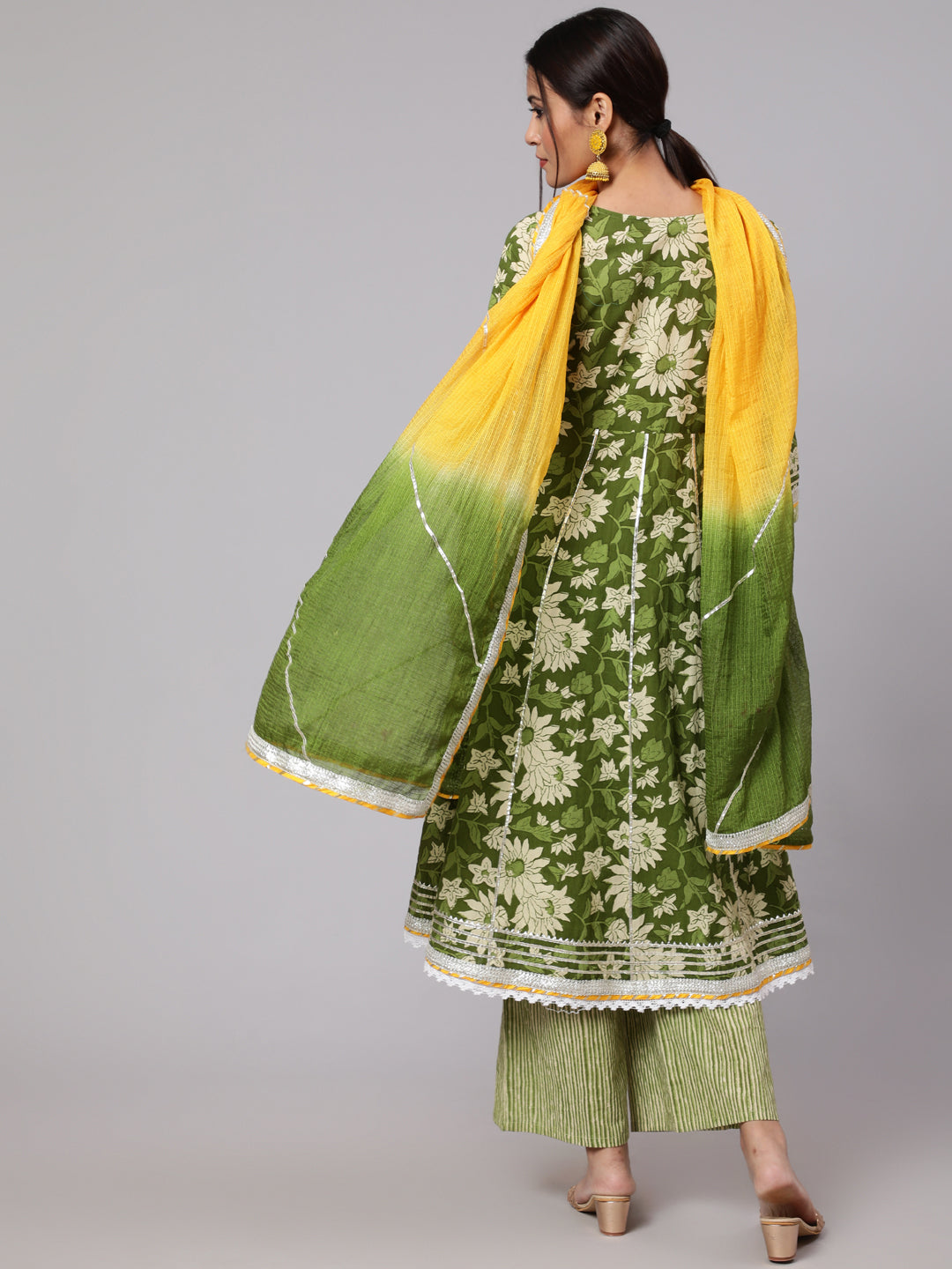 Green Floral Print Anarkali Palazzo With Dupatta - Elganza