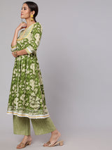 Green Floral Print Anarkali Palazzo With Dupatta - Elganza