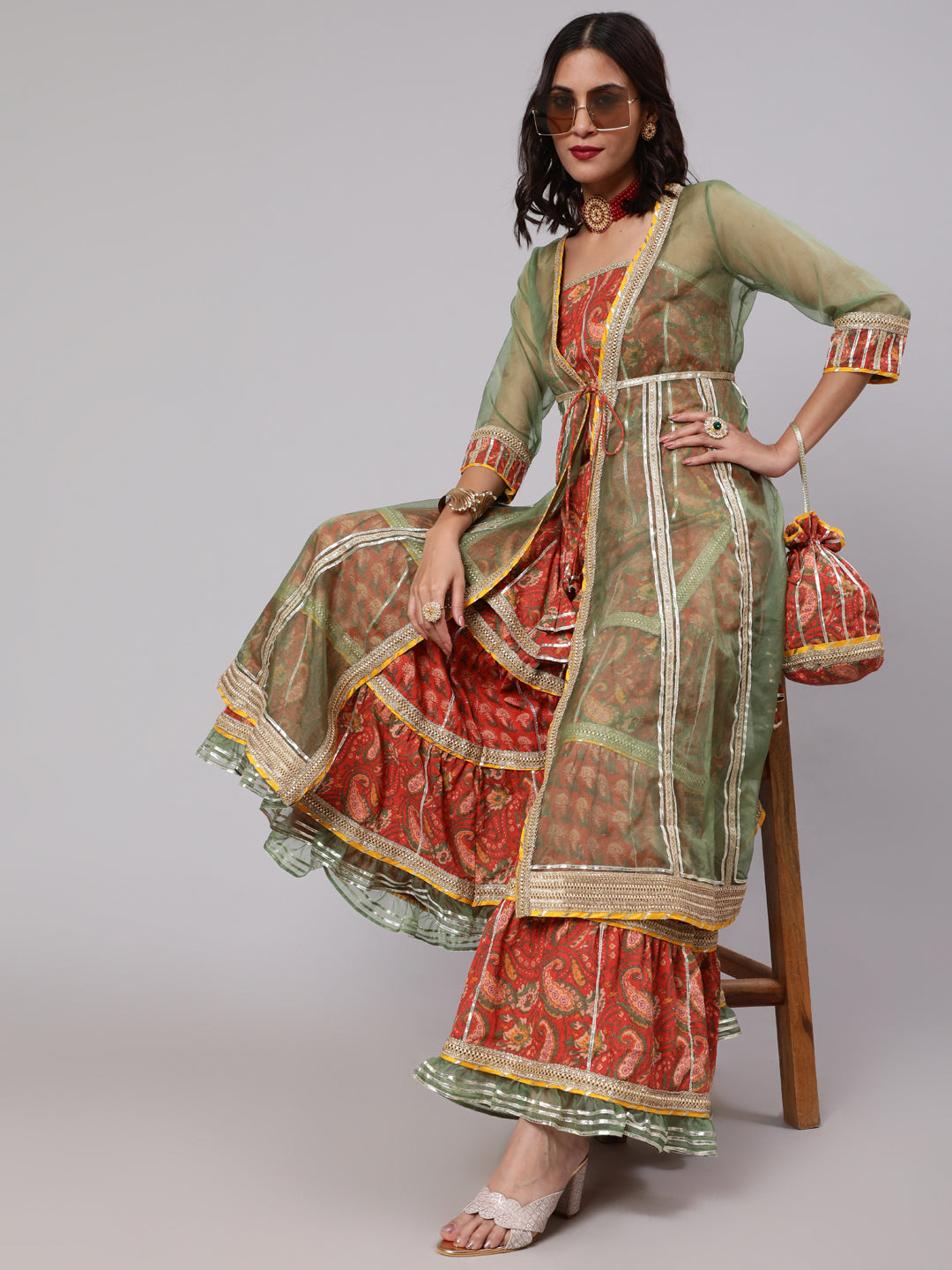 Red Floral Print Kurta Sharara With Jacket & Potali Bag - Elganza