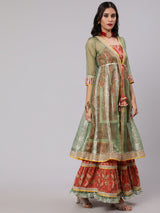 Red Floral Print Kurta Sharara With Jacket & Potali Bag - Elganza