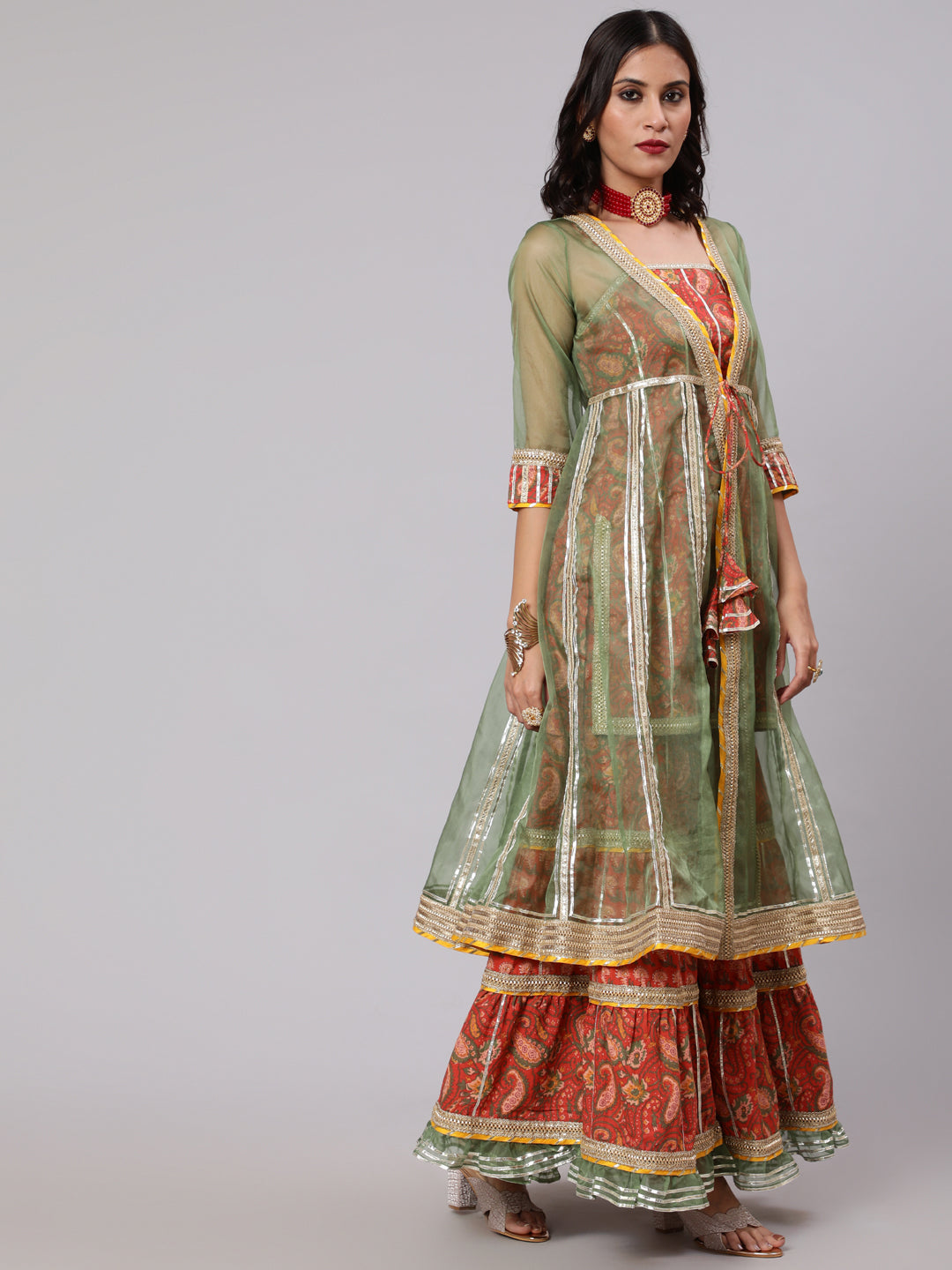 Red Floral Print Kurta Sharara With Jacket & Potali Bag - Elganza
