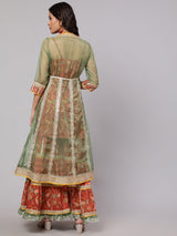 Red Floral Print Kurta Sharara With Jacket & Potali Bag - Elganza
