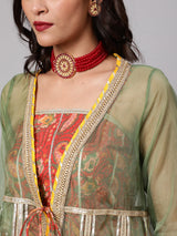 Red Floral Print Kurta Sharara With Jacket & Potali Bag - Elganza
