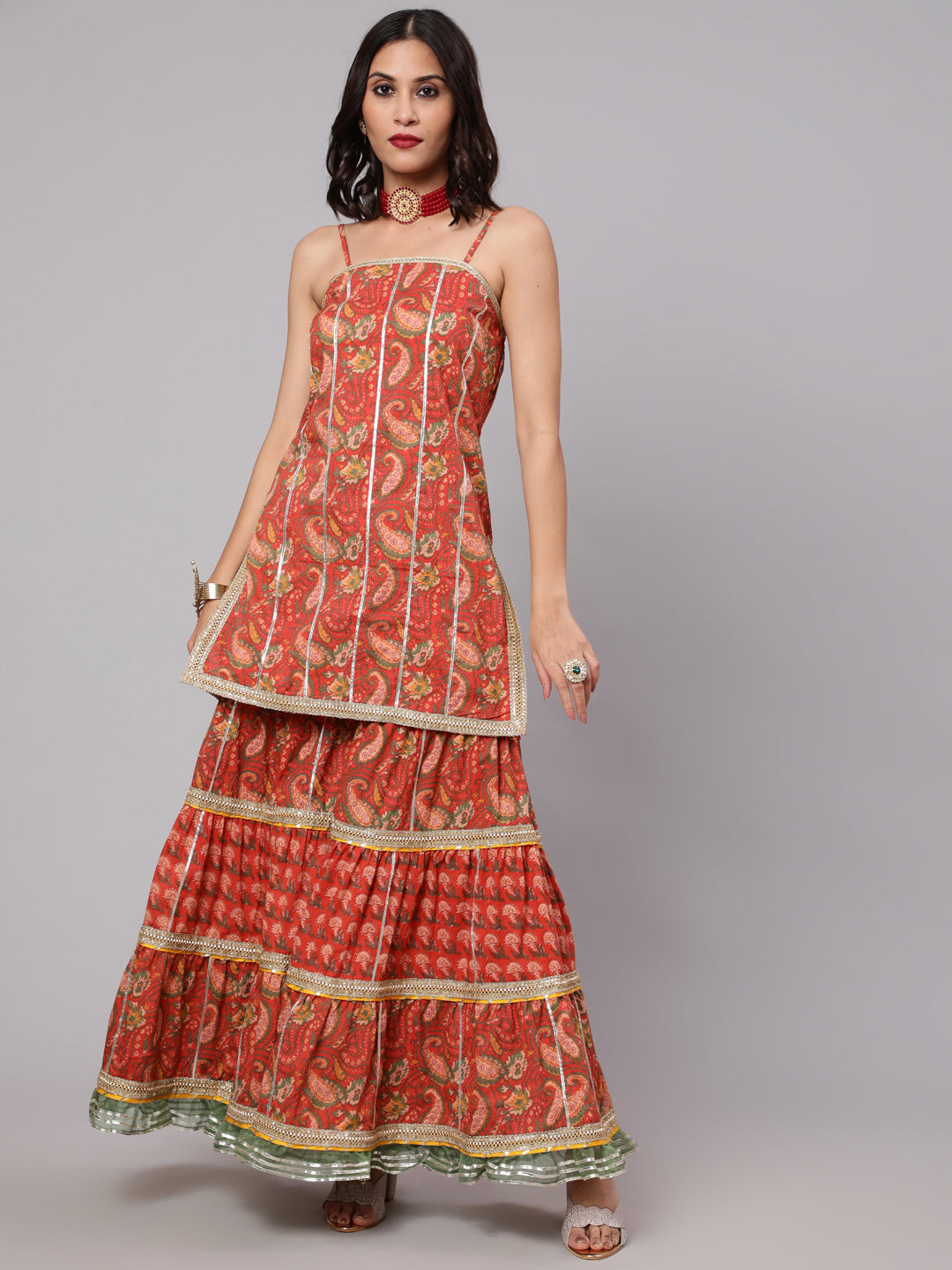 Red Floral Print Kurta Sharara With Jacket & Potali Bag - Elganza