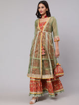 Red Floral Print Kurta Sharara With Jacket & Potali Bag - Elganza
