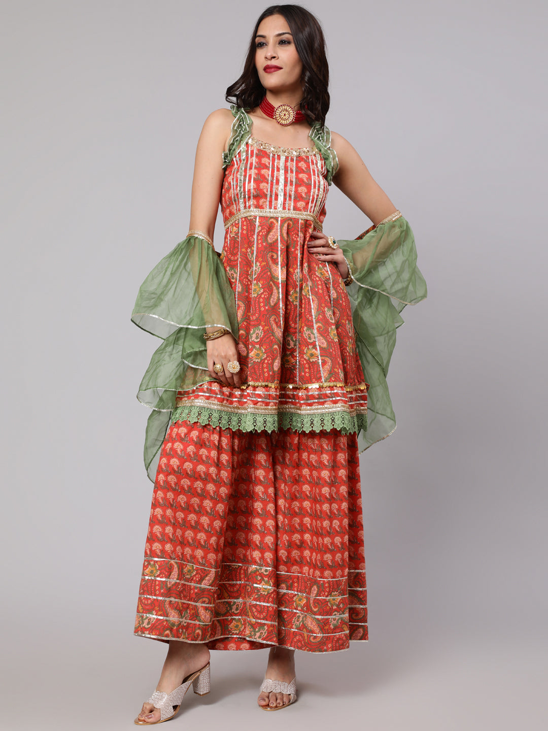 Red Floral Print Kurta Sharara With Dupatta - Elganza
