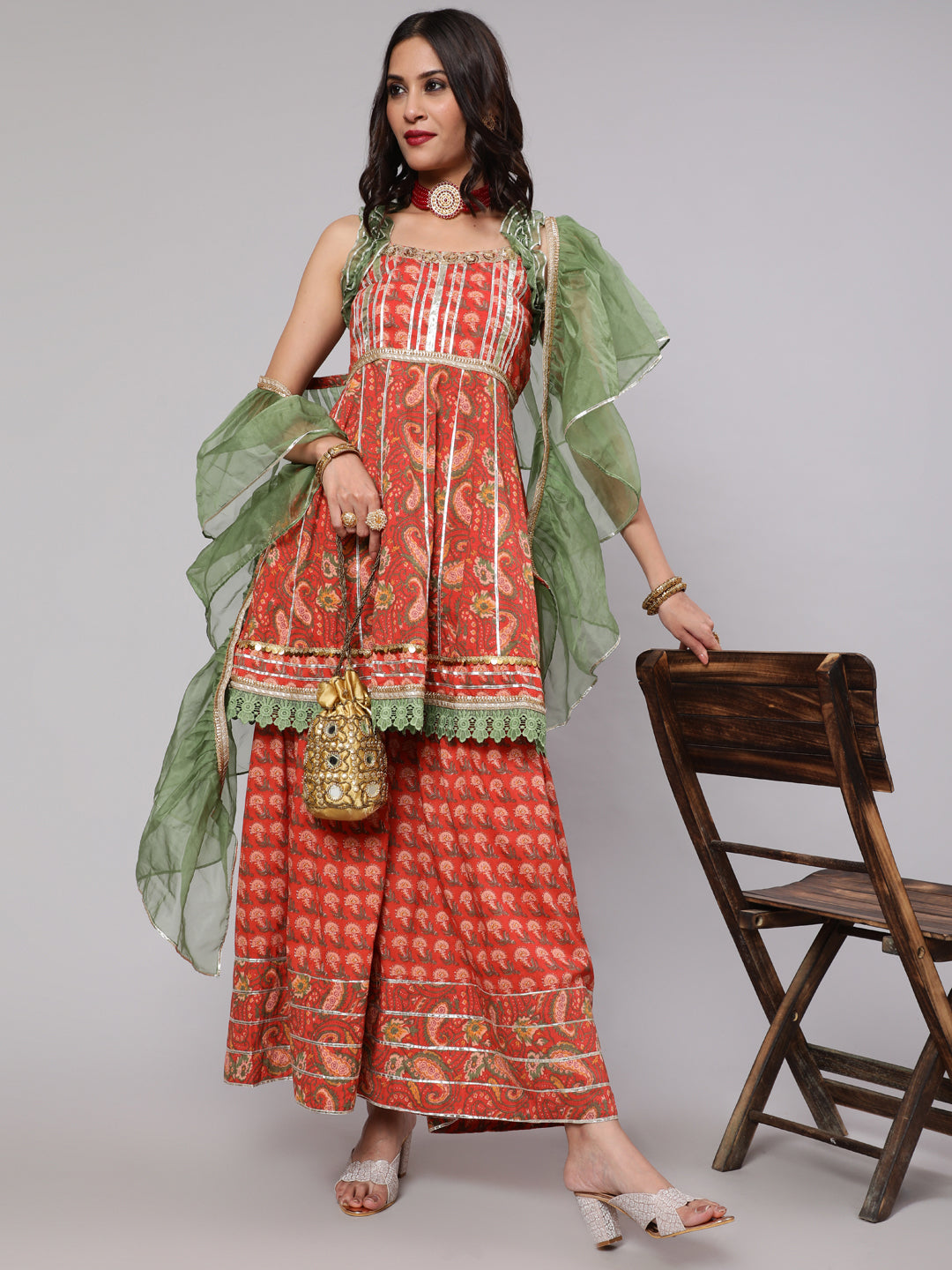 Red Floral Print Kurta Sharara With Dupatta - Elganza