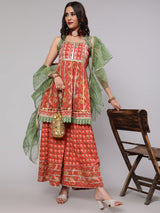 Red Floral Print Kurta Sharara With Dupatta - Elganza