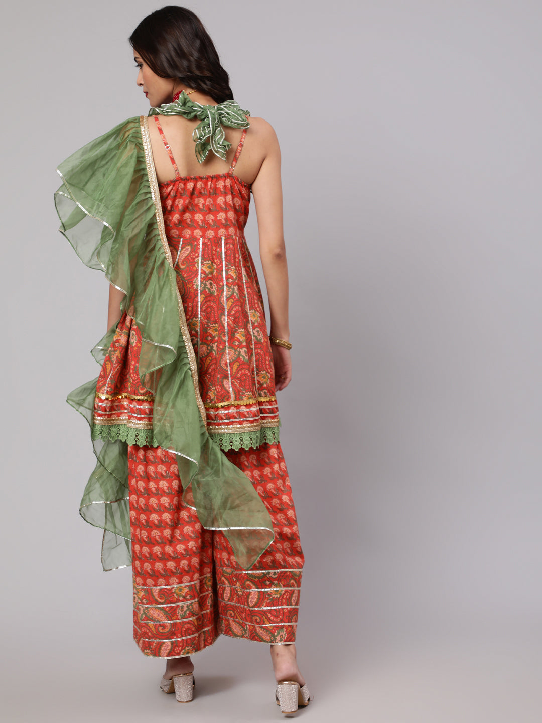 Red Floral Print Kurta Sharara With Dupatta - Elganza