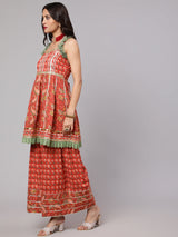 Red Floral Print Kurta Sharara With Dupatta - Elganza