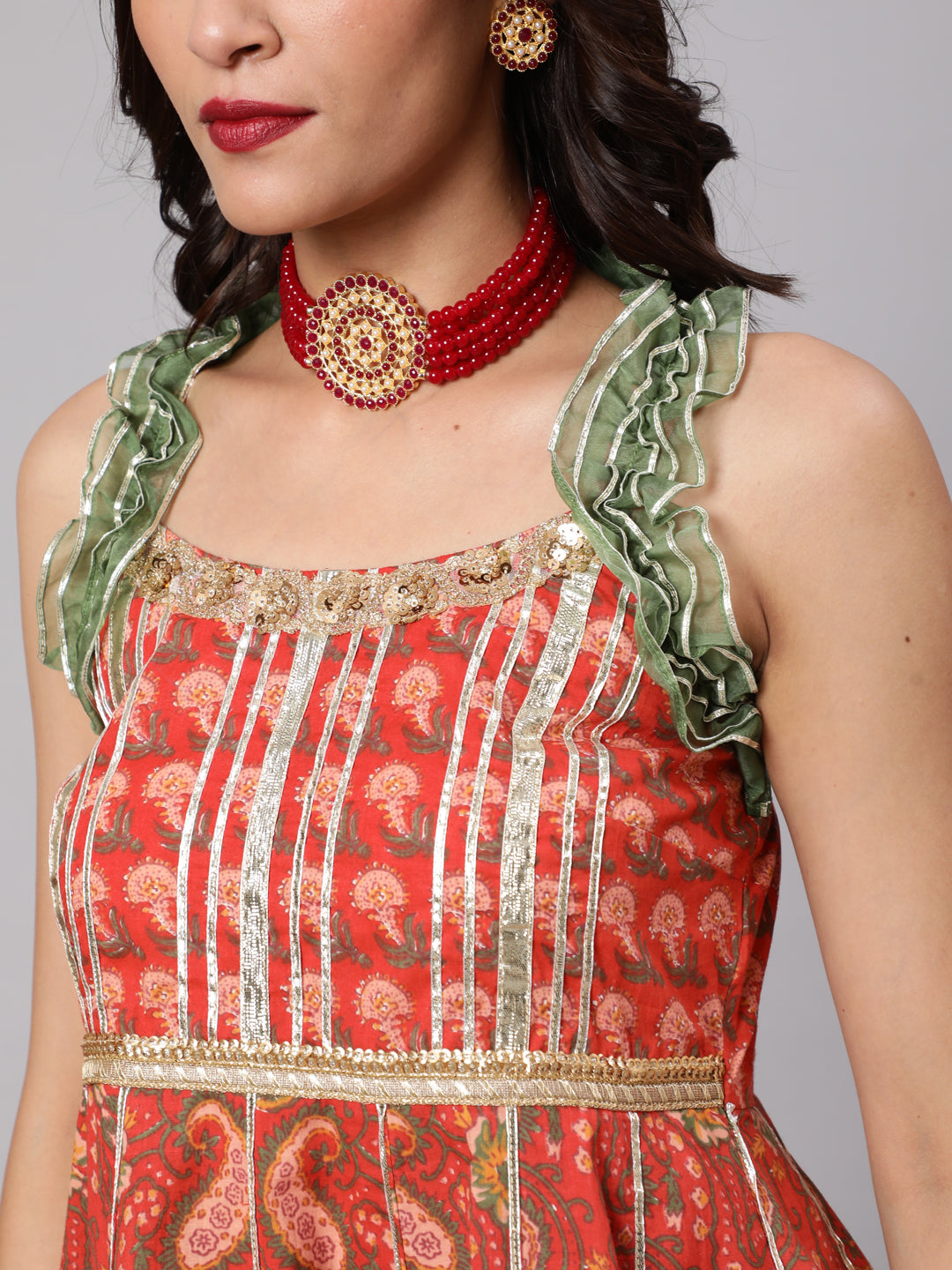 Red Floral Print Kurta Sharara With Dupatta - Elganza