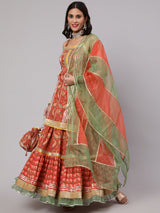 Red Floral Print Kurta Skirt With Dupatta & Potali Bag - Elganza