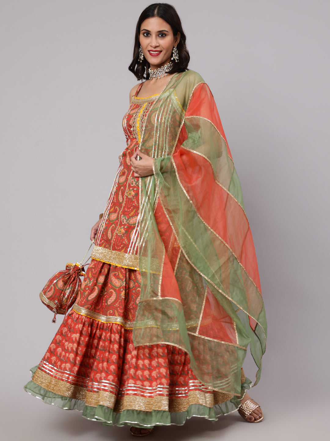 Red Floral Print Kurta Skirt With Dupatta & Potali Bag - Elganza