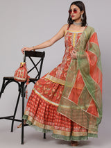 Red Floral Print Kurta Skirt With Dupatta & Potali Bag - Elganza