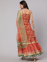 Red Floral Print Kurta Skirt With Dupatta & Potali Bag - Elganza