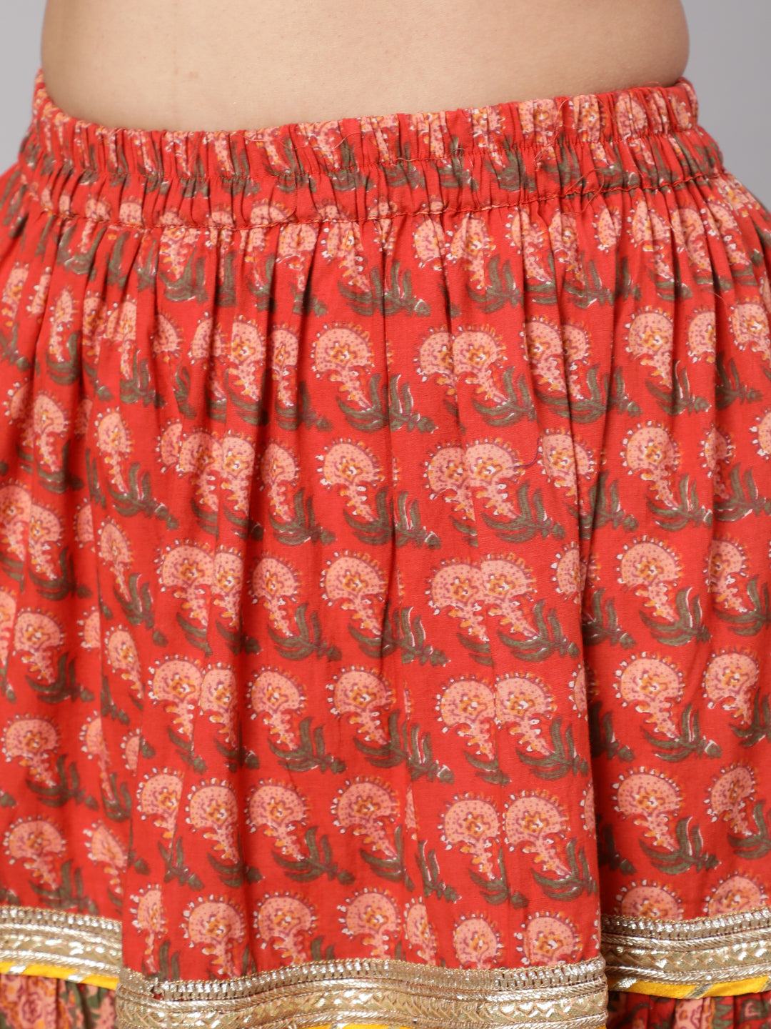 Red Floral Print Kurta Skirt With Dupatta & Potali Bag - Elganza