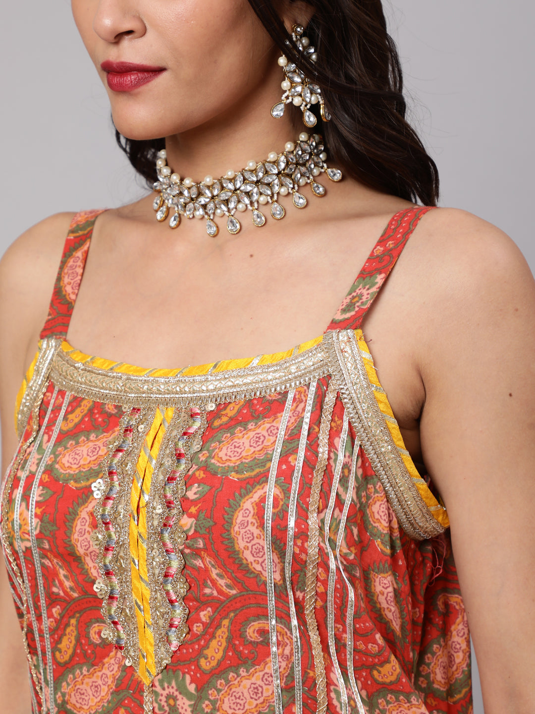 Red Floral Print Kurta Skirt With Dupatta & Potali Bag - Elganza