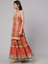 Red Floral Print Kurta Skirt With Dupatta & Potali Bag - Elganza