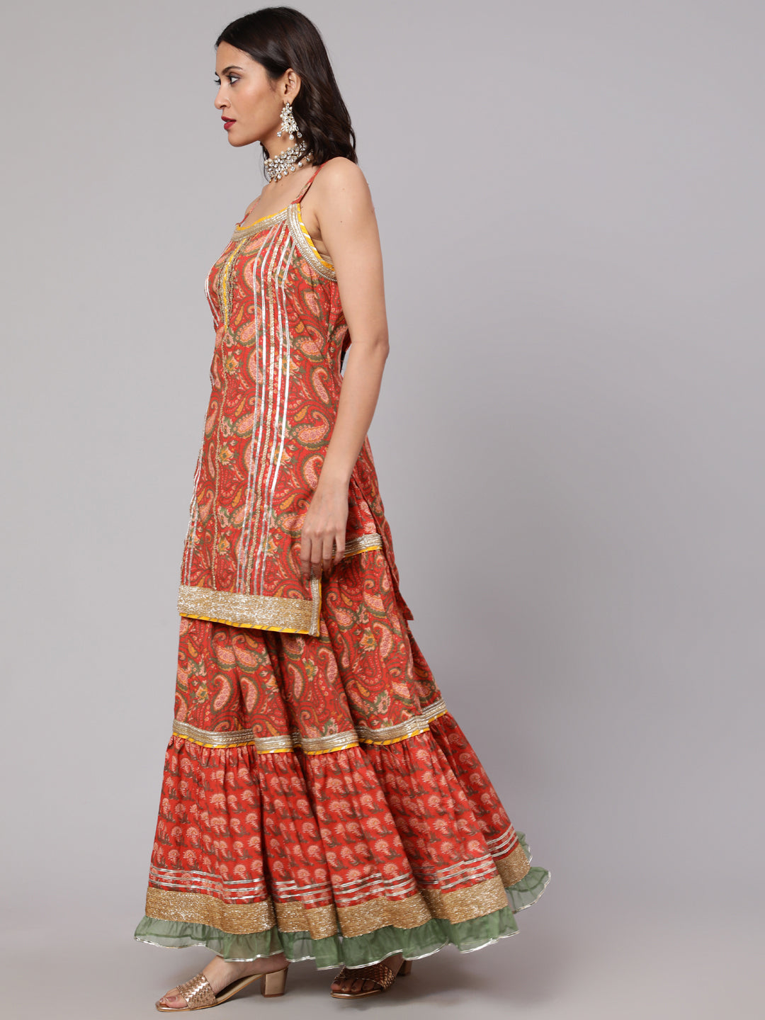 Red Floral Print Kurta Skirt With Dupatta & Potali Bag - Elganza