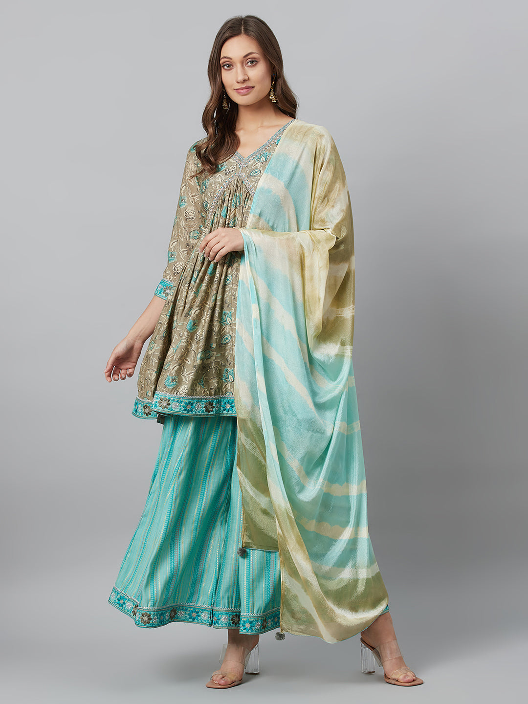 Beige Printed Kurta Palazzo With Dupatta - Elganza