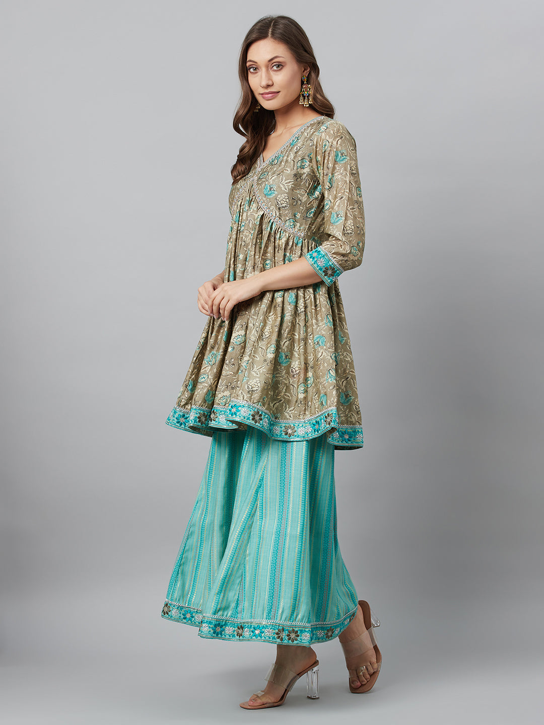 Beige Printed Kurta Palazzo With Dupatta - Elganza